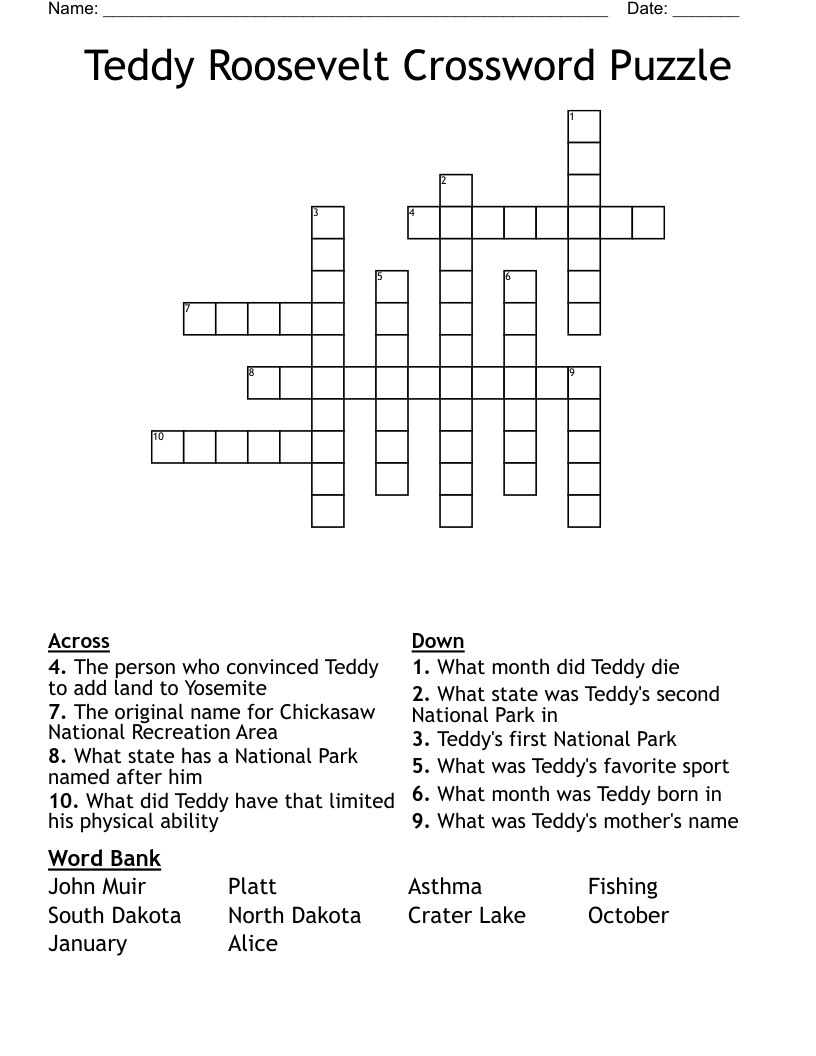 Teddy Roosevelt Crossword Puzzle
