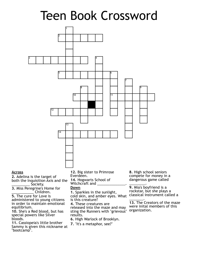 Teen Book Crossword