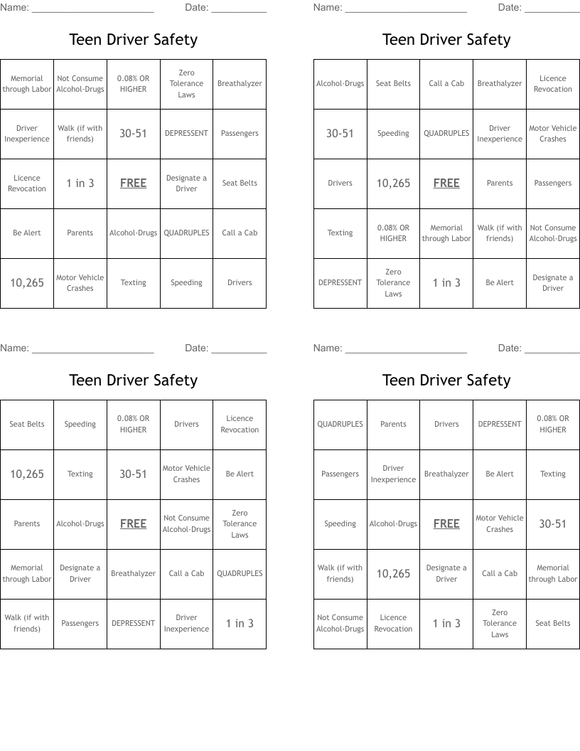 Teen Driver Safety Bingo Cards