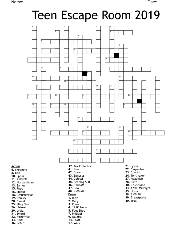 Teen Escape Room 2019 Crossword