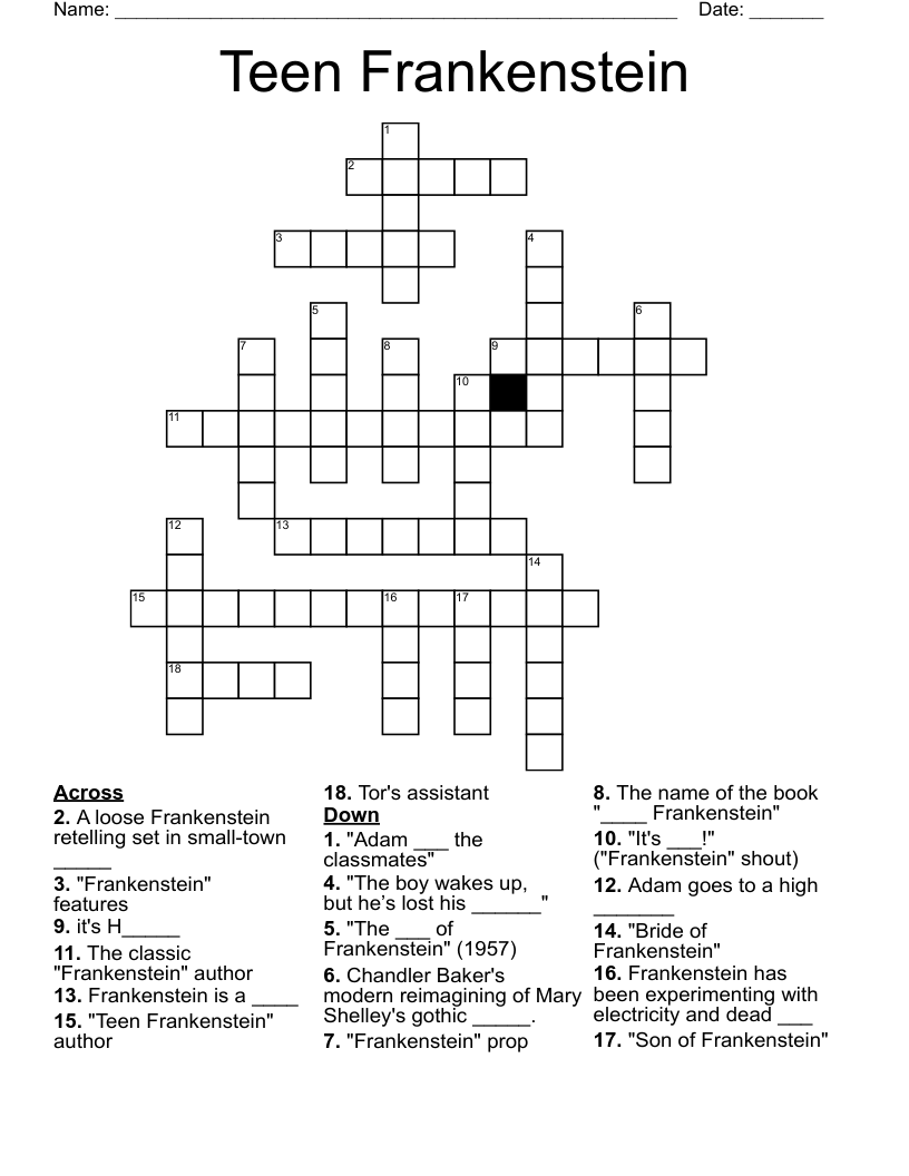 Teen Frankenstein Crossword