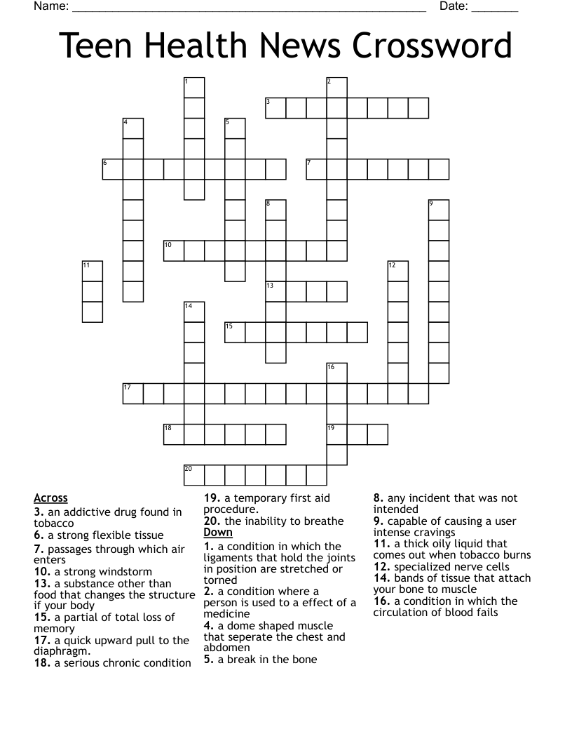 Teen Health News Crossword