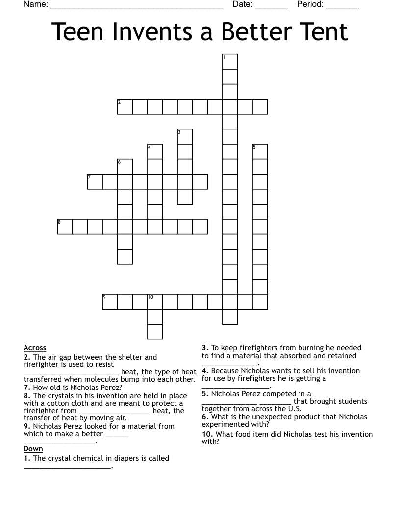 Teen Invents a Better Tent Crossword