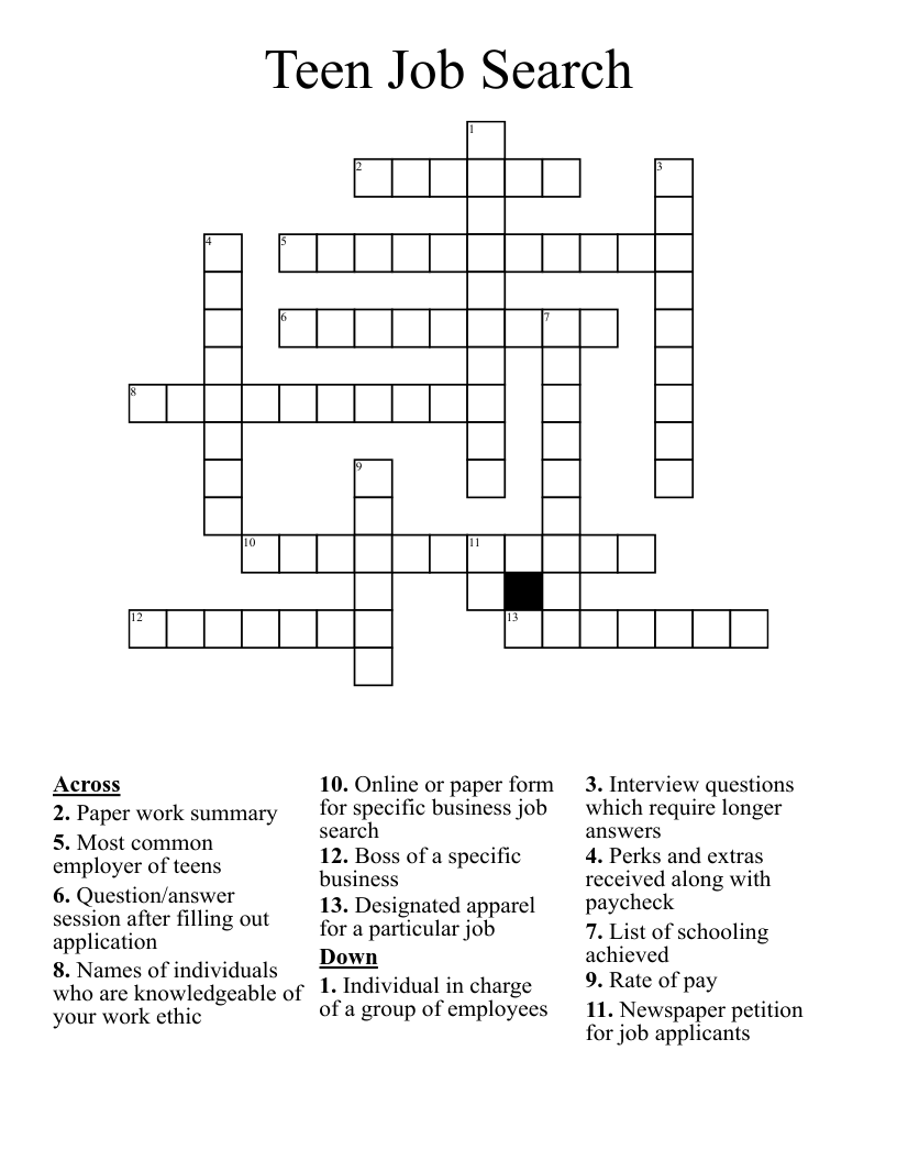 Teen Job Search Crossword