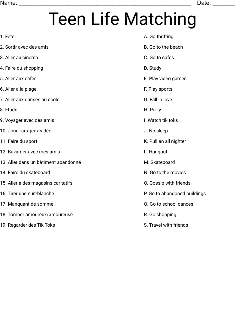 Teen Life Matching Worksheet