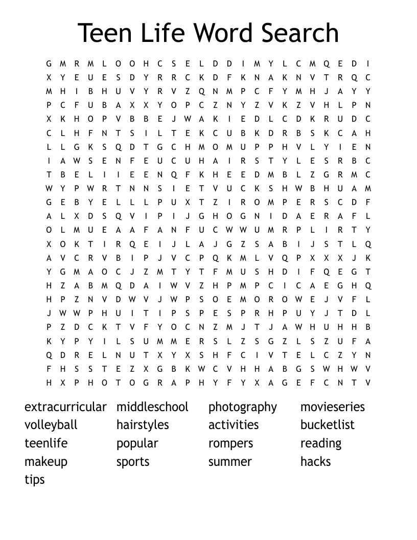 Teen Life Word Search