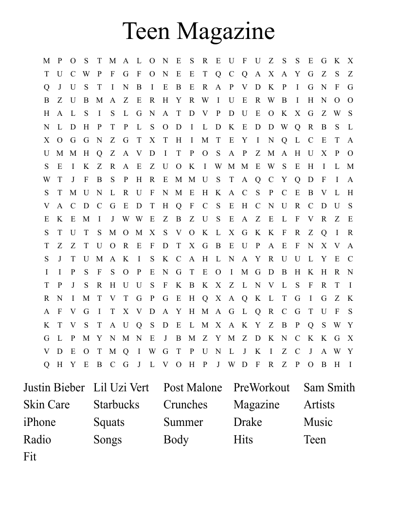 Teen Magazine Word Search