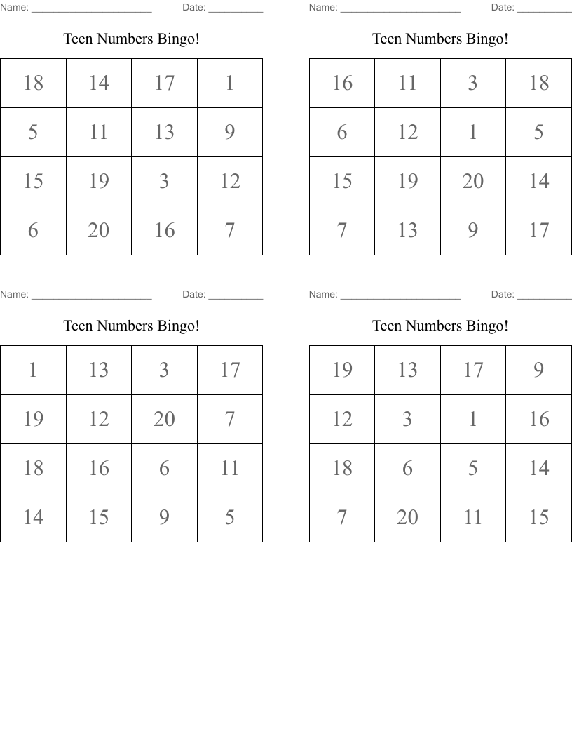 Teen Numbers Bingo!