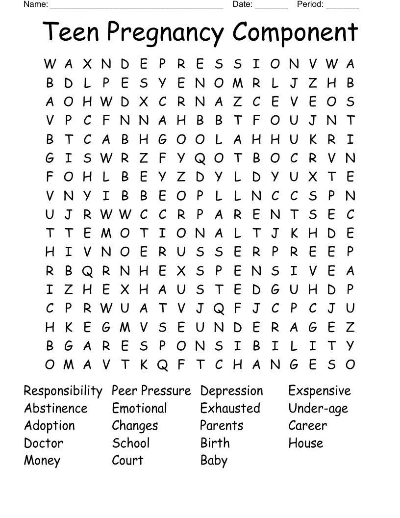 Teen Pregnancy Component Word Search