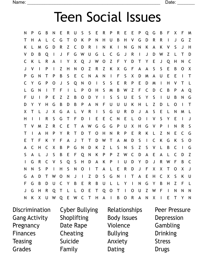 Teen Social Issues Word Search