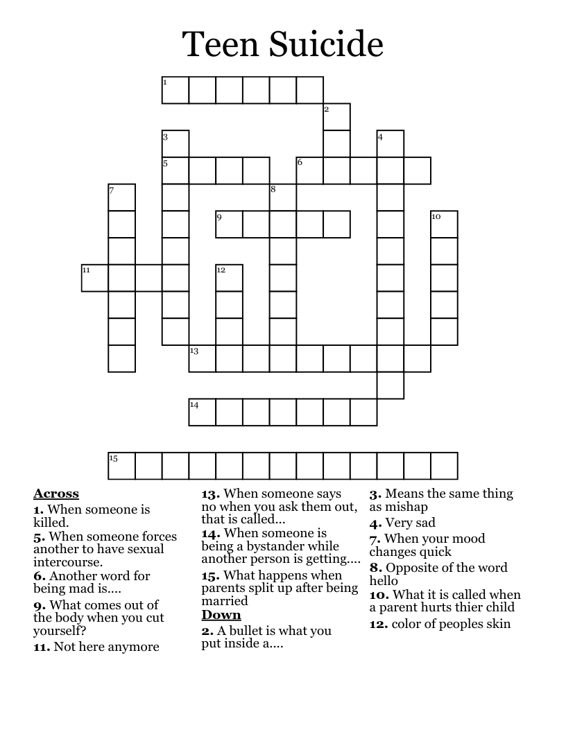 Teen Suicide Crossword
