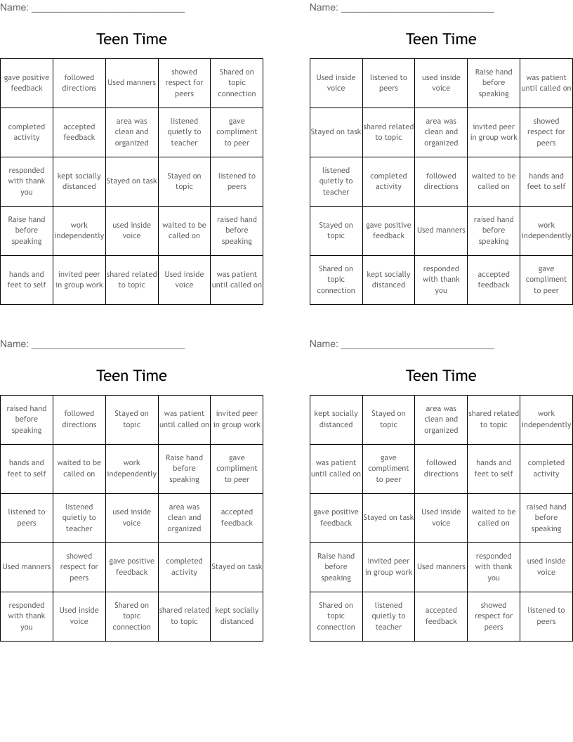 Teen Time Bingo Cards