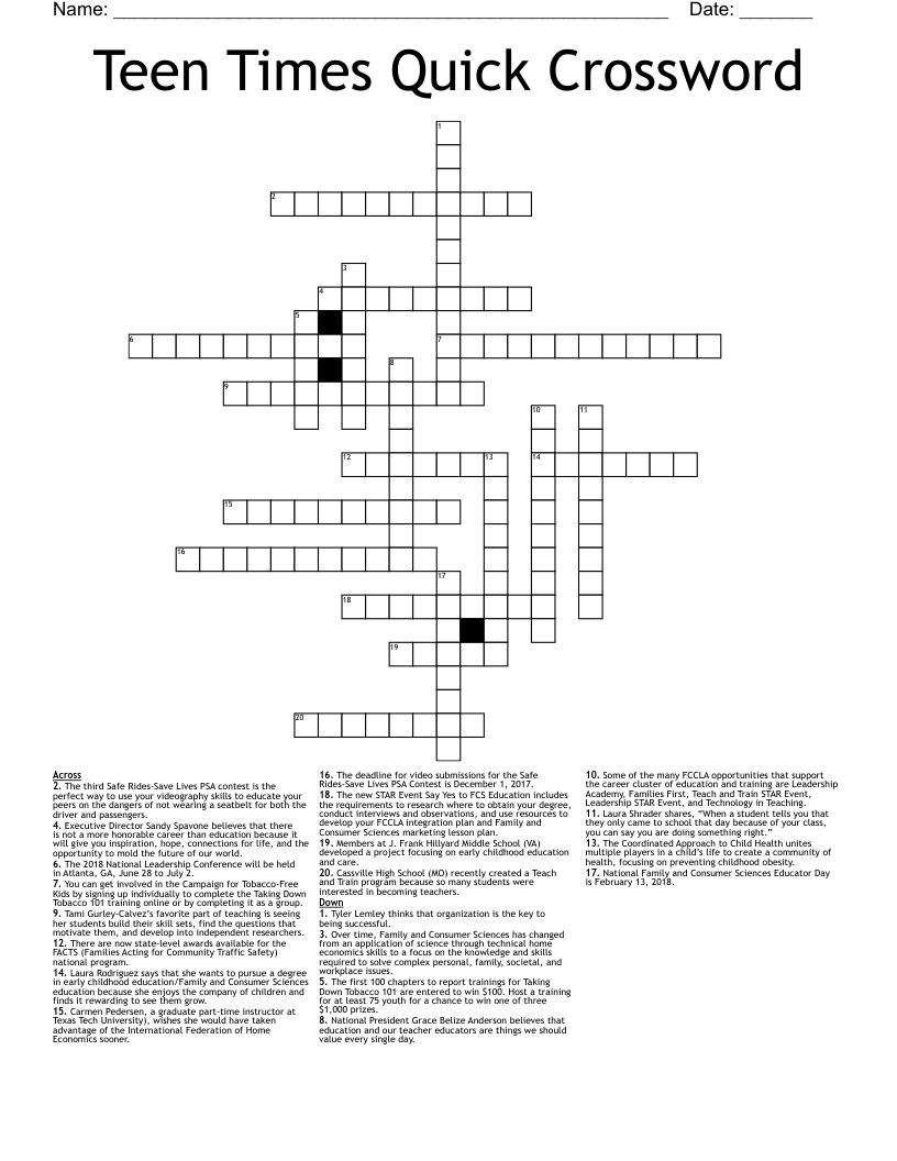 Teen Times Quick Crossword