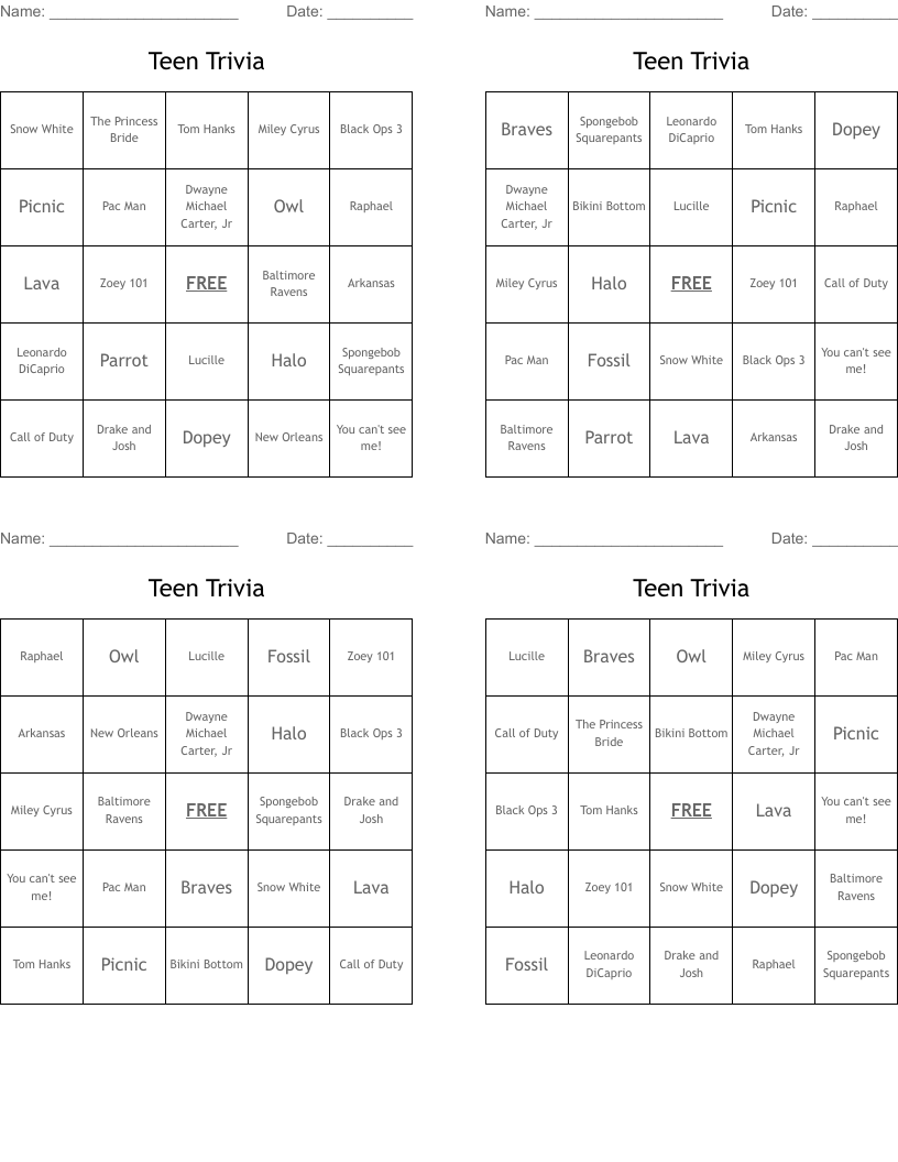 Teen Trivia Bingo Cards