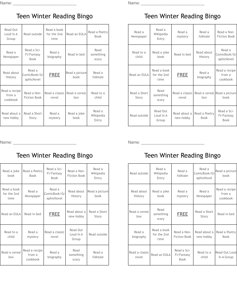 Teen Winter Reading Bingo