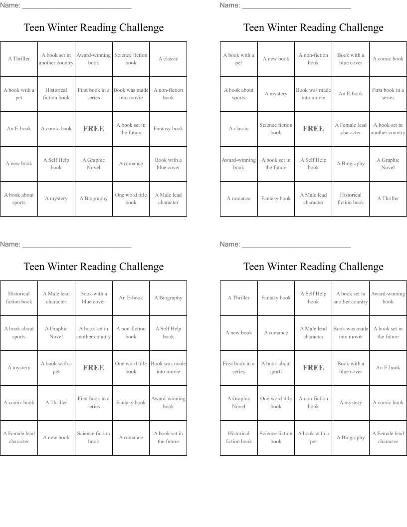 Teen Winter Reading Challenge Bingo Cards