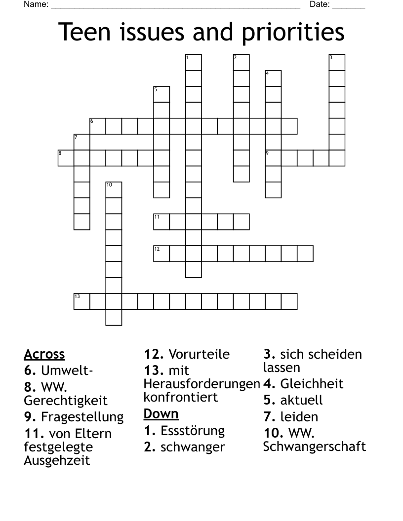 Teen issues and priorities Crossword