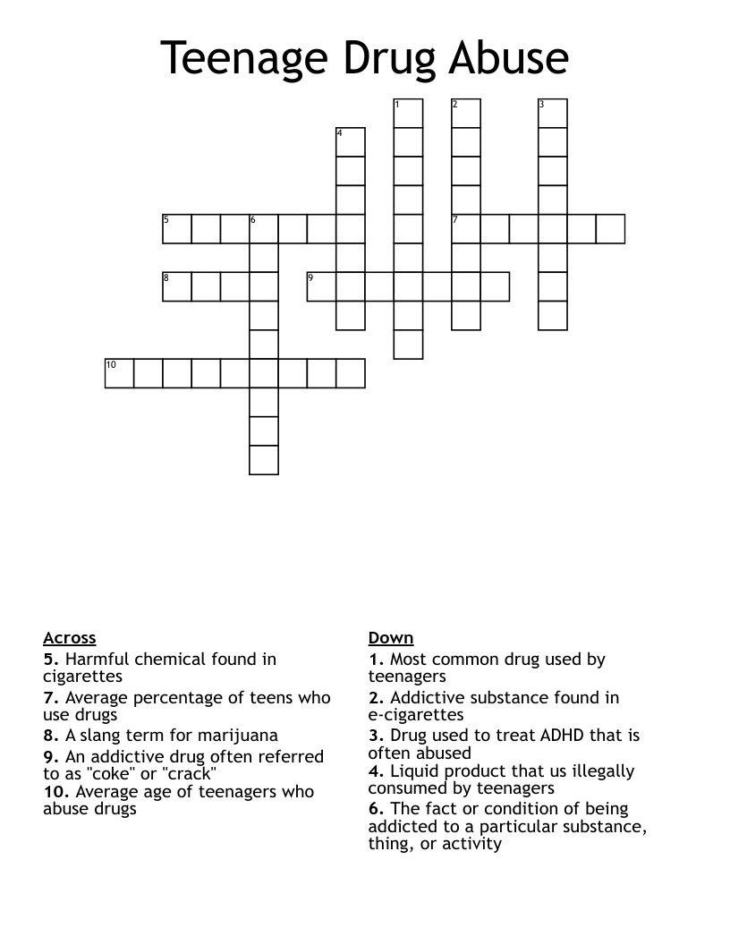 Teenage Drug Abuse Crossword