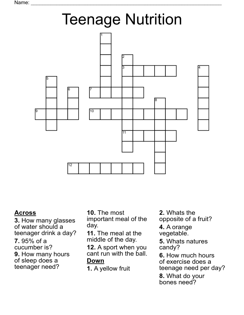 Teenage Nutrition Crossword