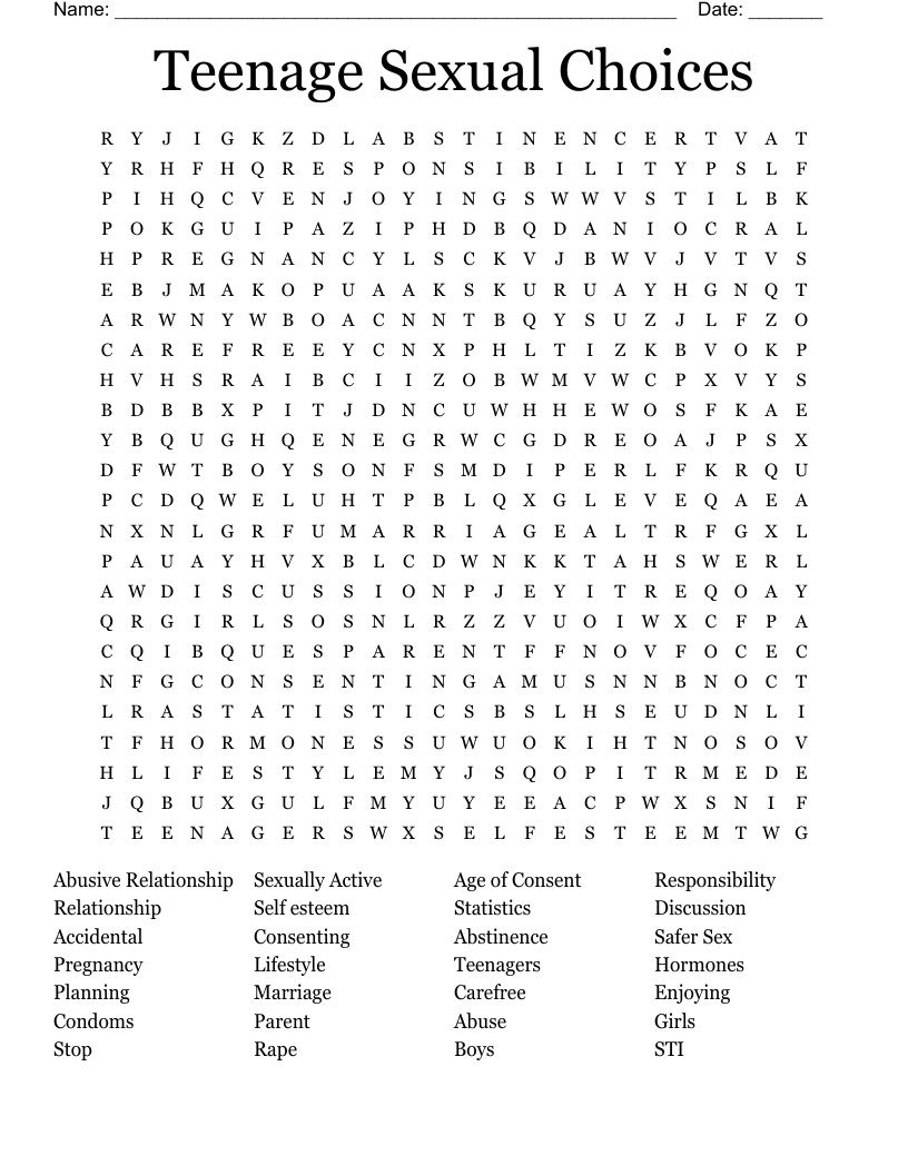 Teenage Sexual Choices Word Search