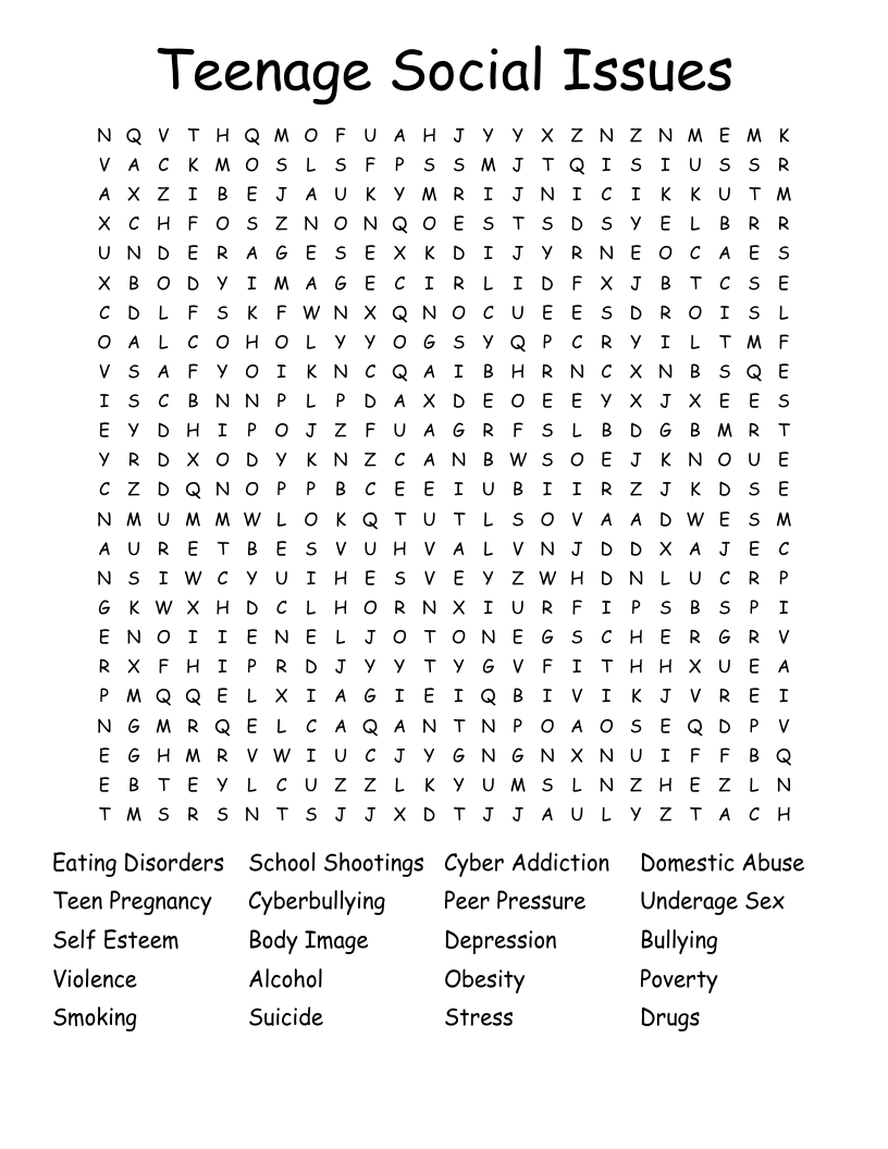 Teenage Social Issues Word Search