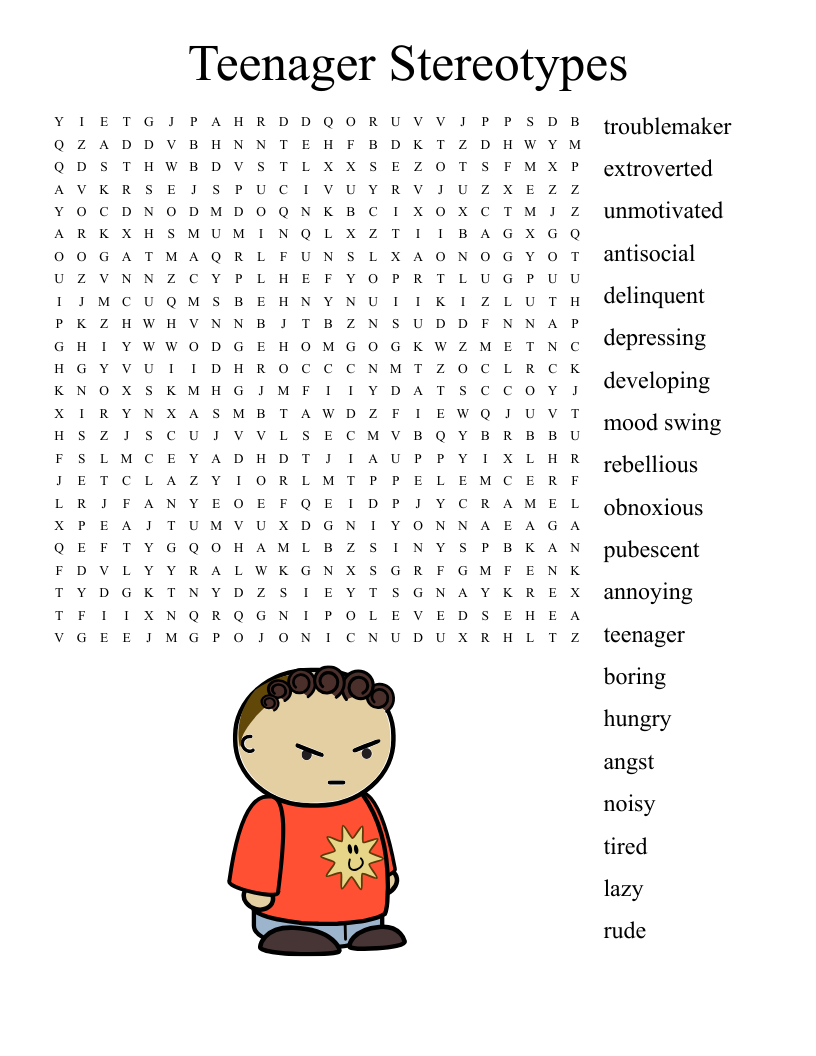 Teenager Stereotypes Word Search