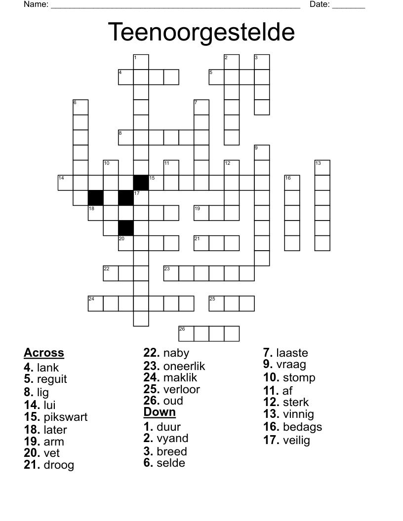 Teenoorgestelde Crossword