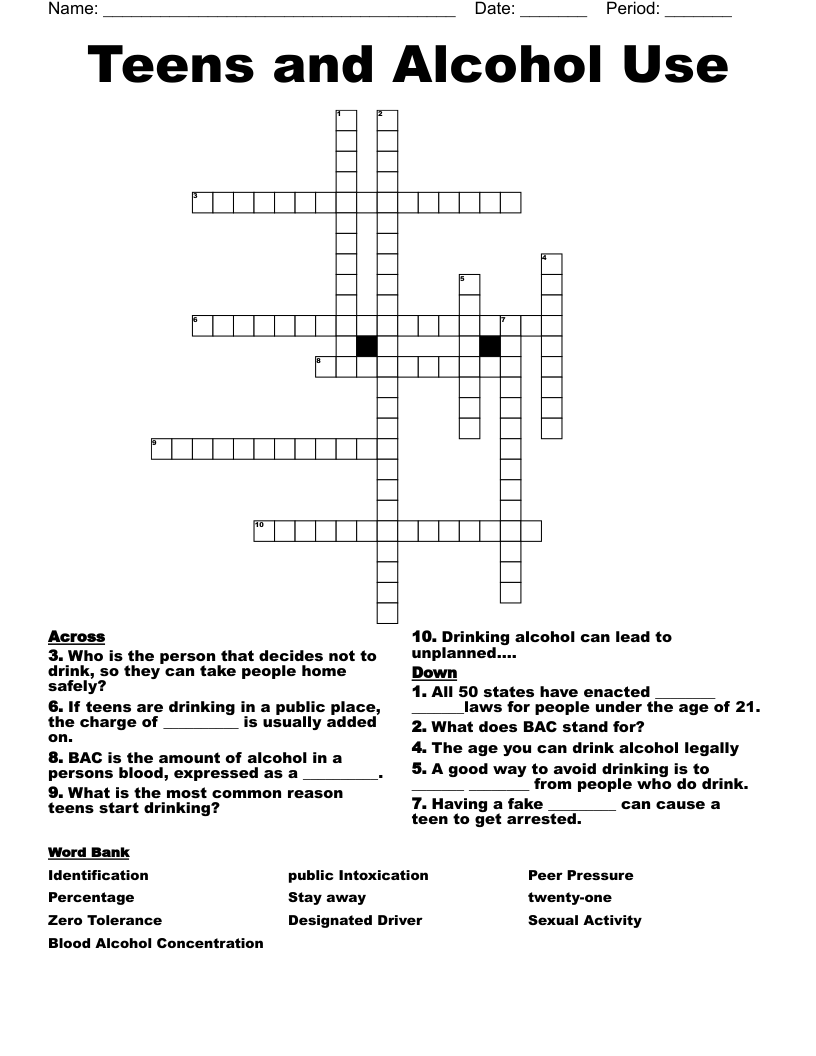 Teens and Alcohol Use Crossword