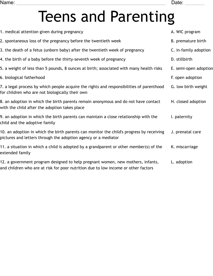 Teens and Parenting Worksheet