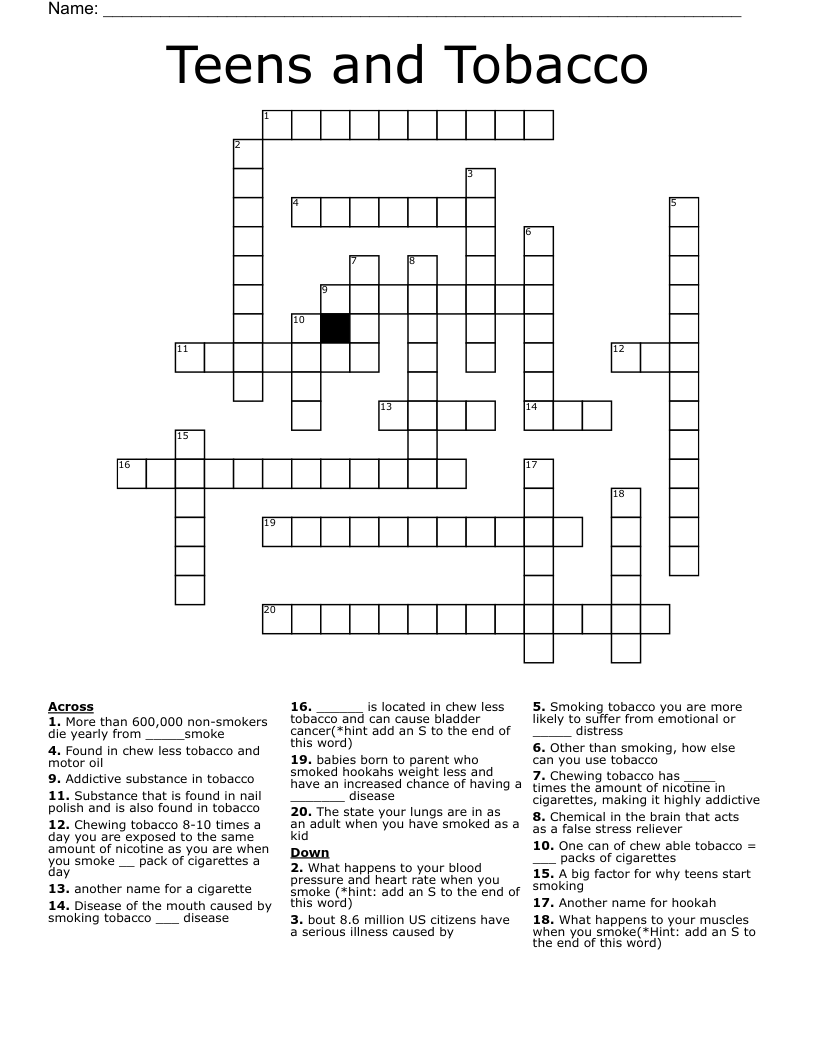 Teens and Tobacco Crossword