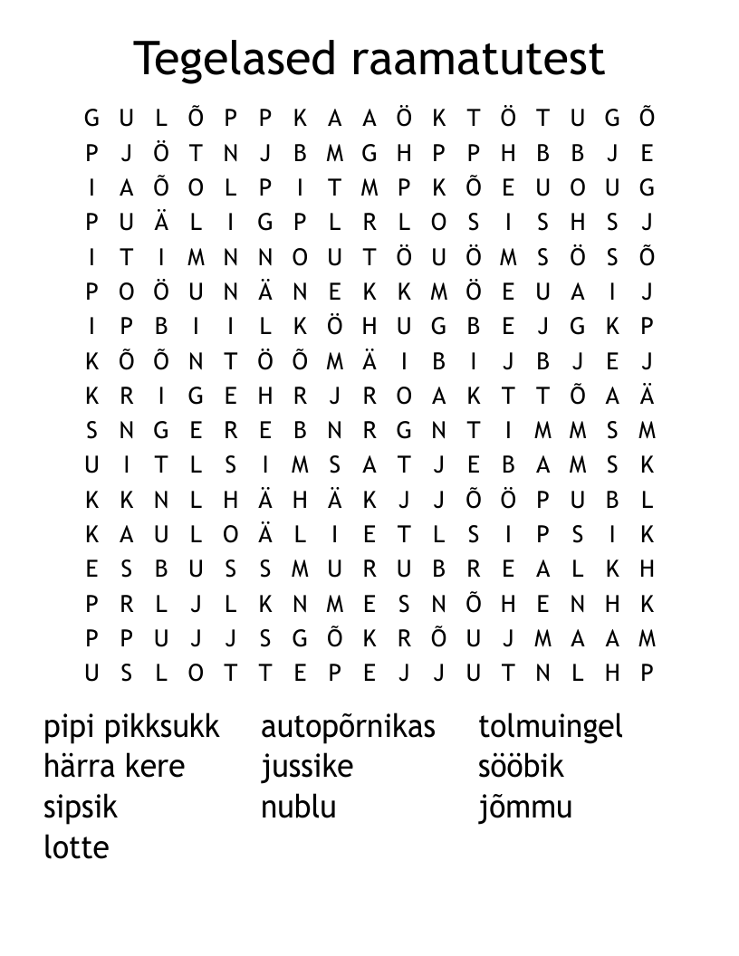 Tegelased raamatutest Word Search