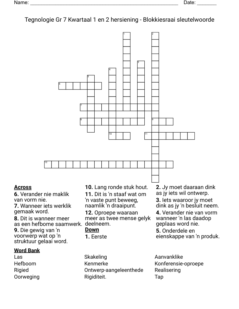 Tegnologie Gr 7 Kwartaal 1 en 2 hersiening - Blokkiesraai sleutelwoorde Crossword