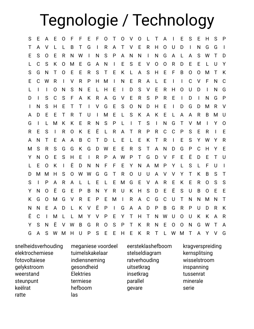 Tegnologie / Technology Word Search