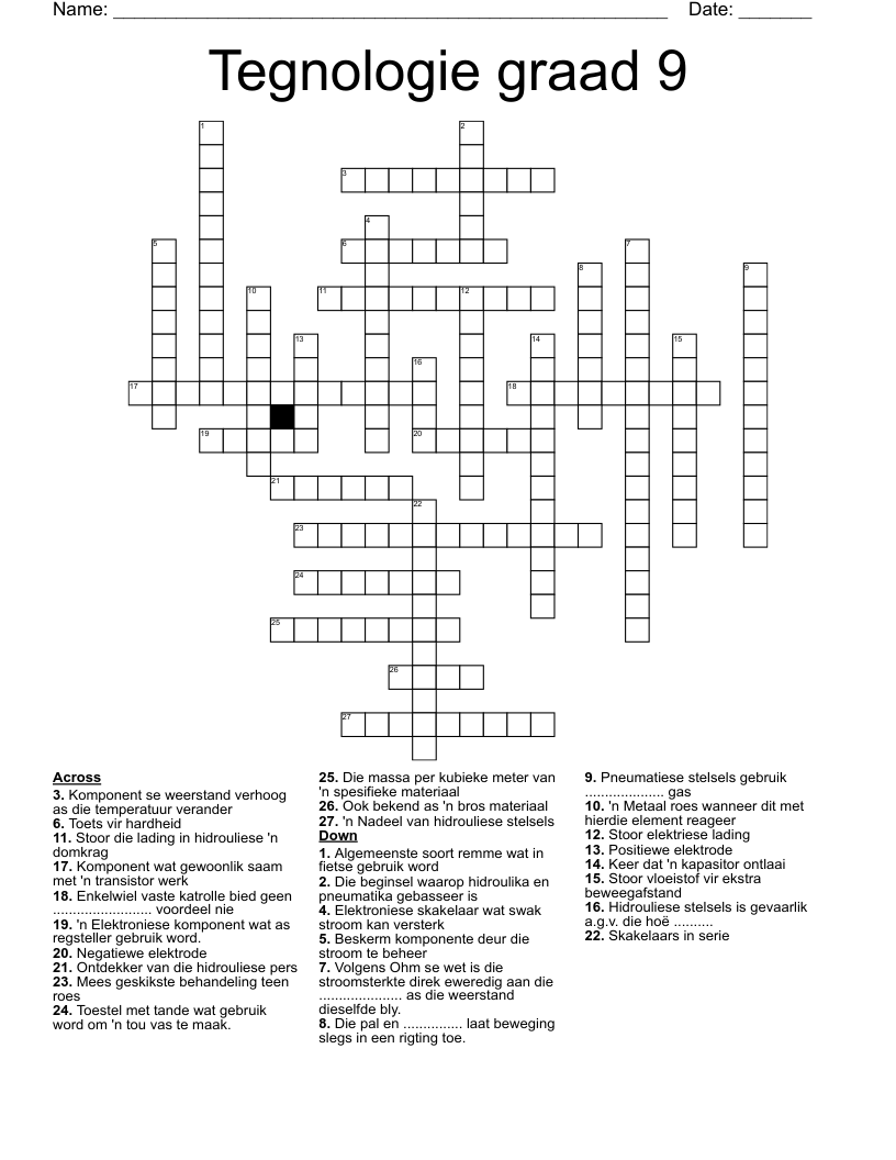 Tegnologie graad 9 Crossword