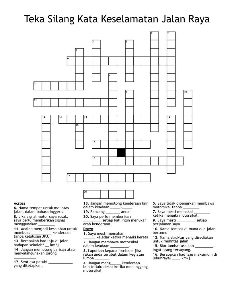 Teka Silang Kata Keselamatan Jalan Raya Crossword