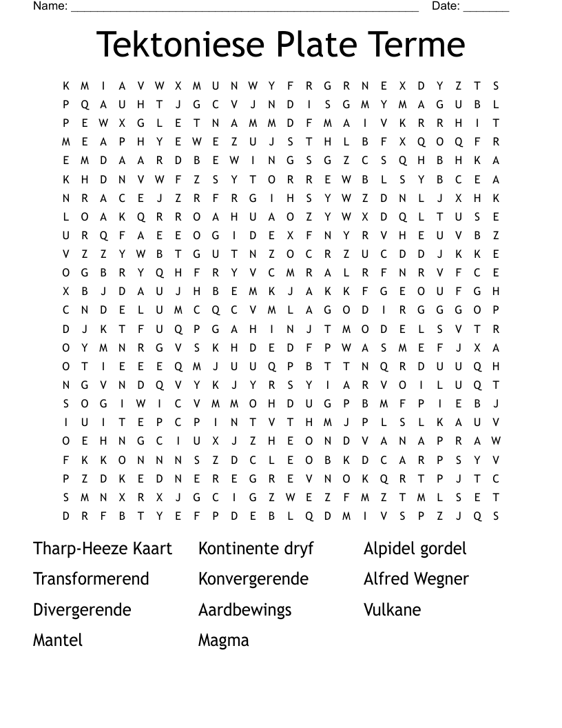 Tektoniese Plate Terme Word Search
