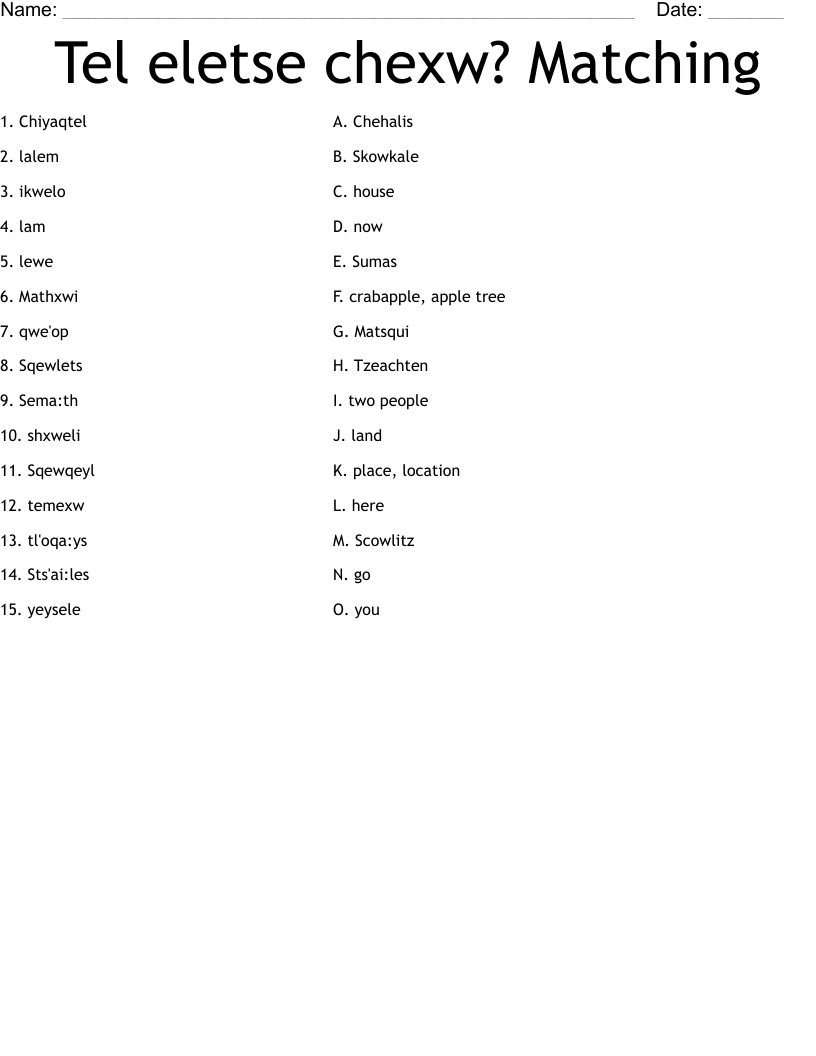 Tel eletse chexw? Matching Worksheet