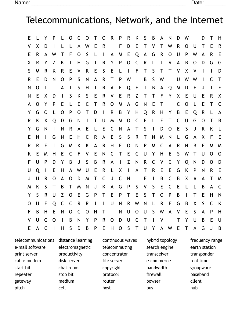 Telecommunications, Network, and the Internet Word Search