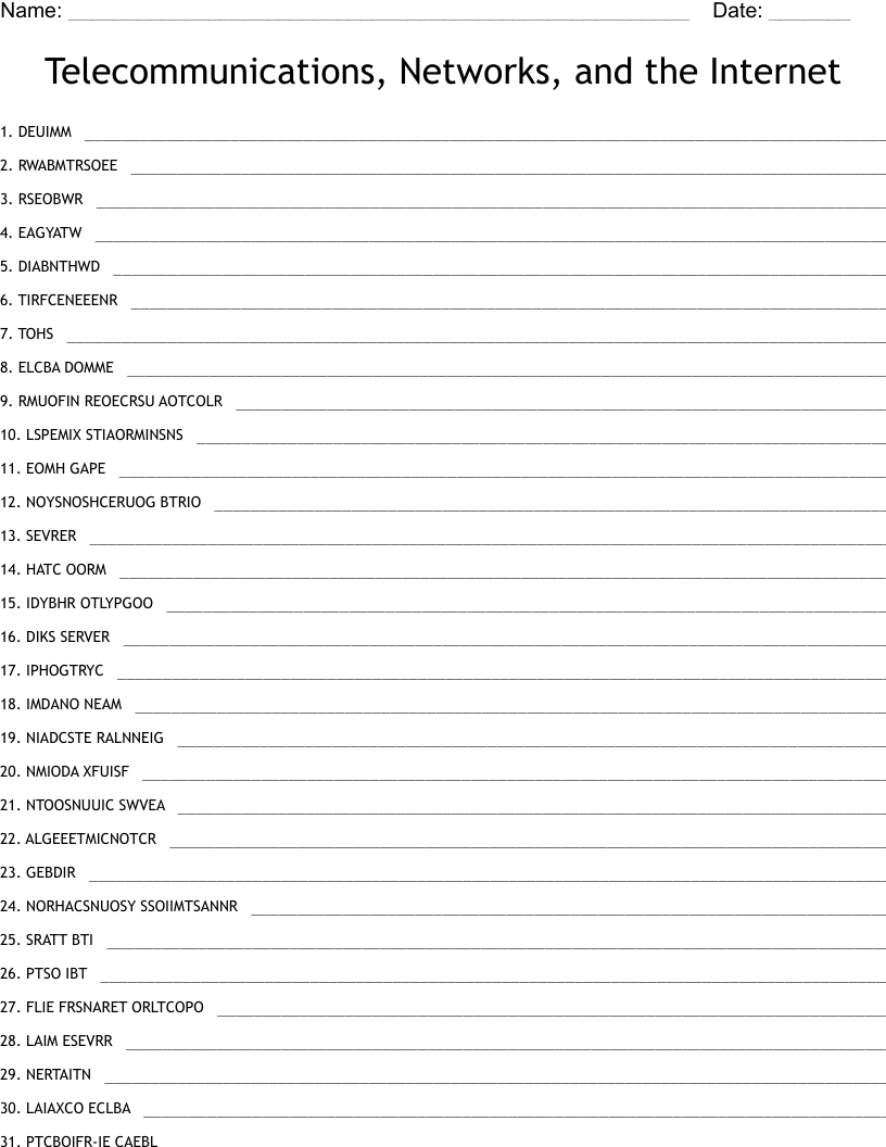 Telecommunications, Networks, and the Internet Word Scramble
