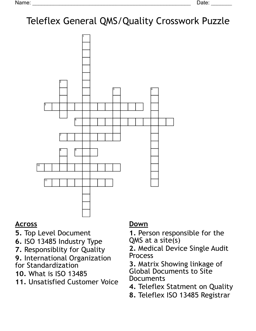 Teleflex General QMS/Quality Crosswork Puzzle Crossword