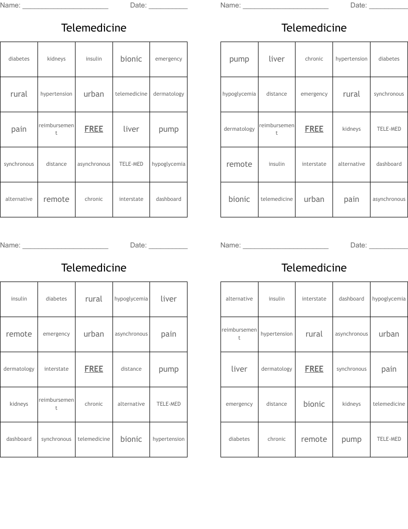 Telemedicine Bingo Cards
