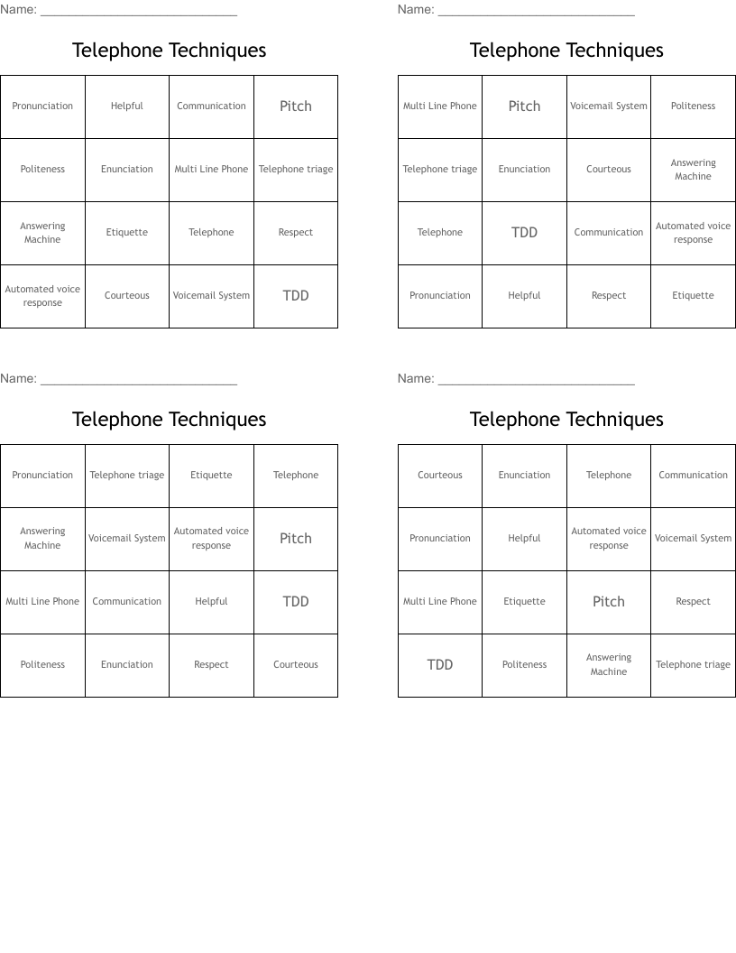 Telephone Techniques Bingo Cards