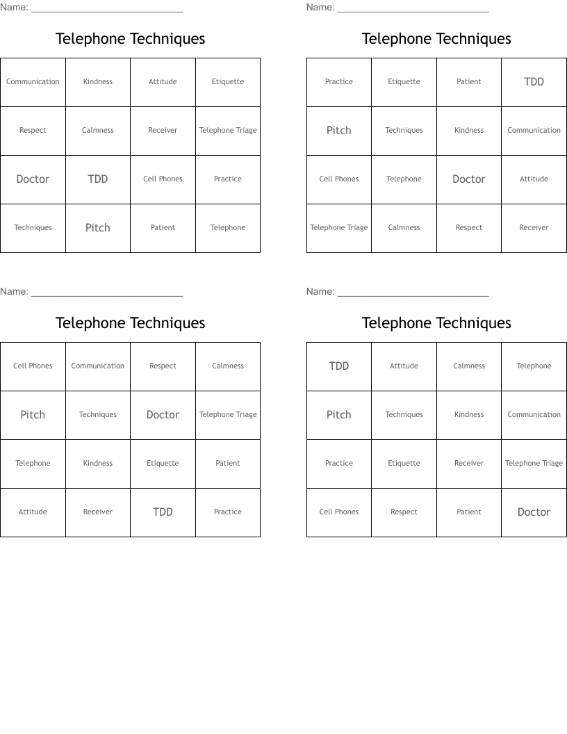 Telephone Techniques Bingo Cards