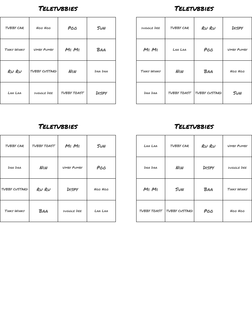 Teletubbies Bingo Cards