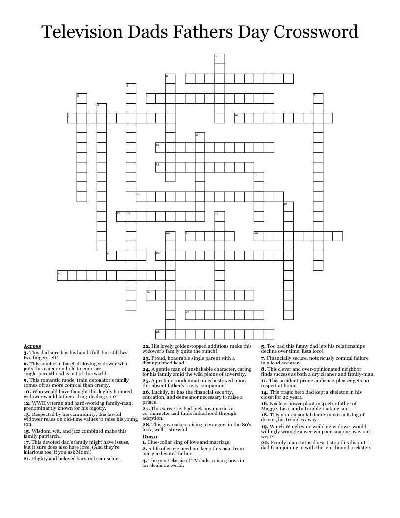 Television Dads Fathers Day Crossword