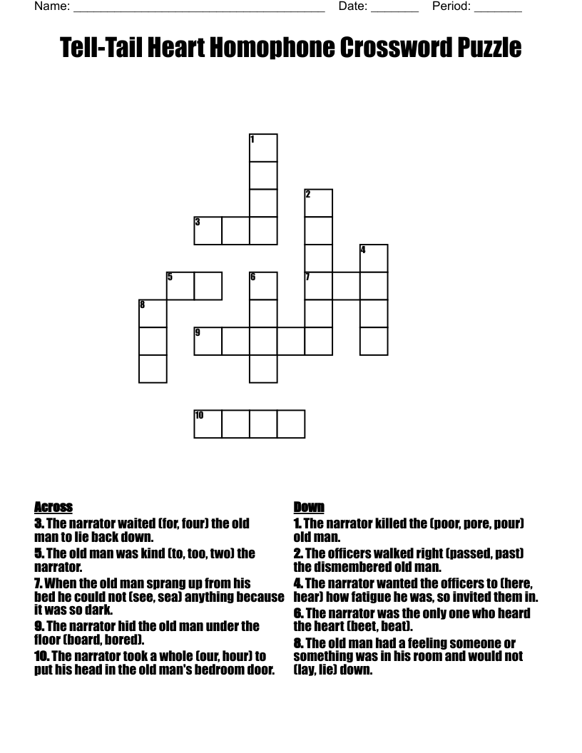 Tell-Tail Heart Homophone Crossword Puzzle