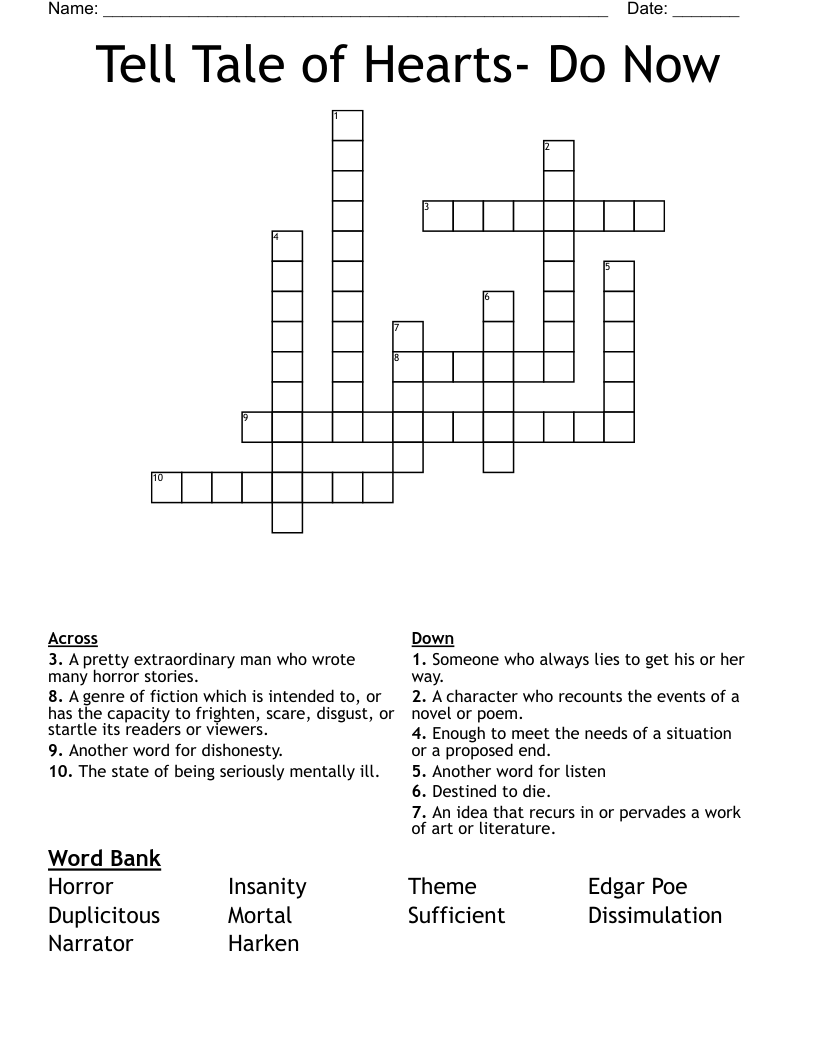 Tell Tale of Hearts- Do Now Crossword