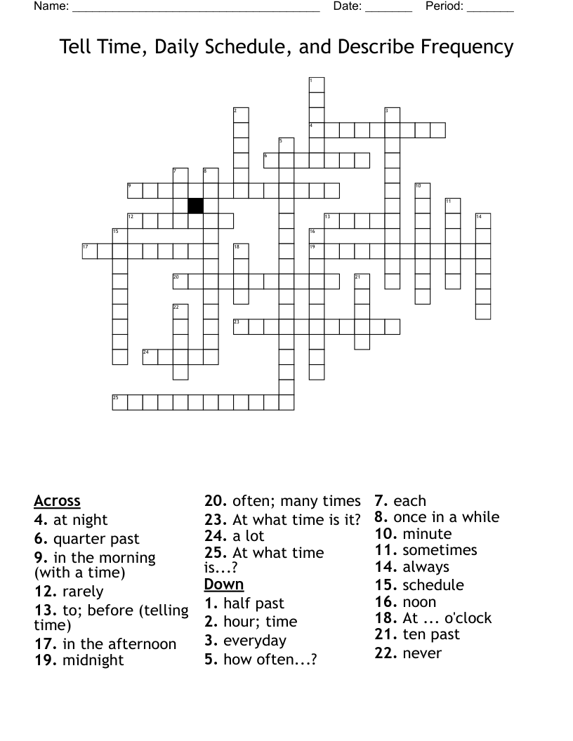 Tell Time, Daily Schedule, and Describe Frequency Crossword