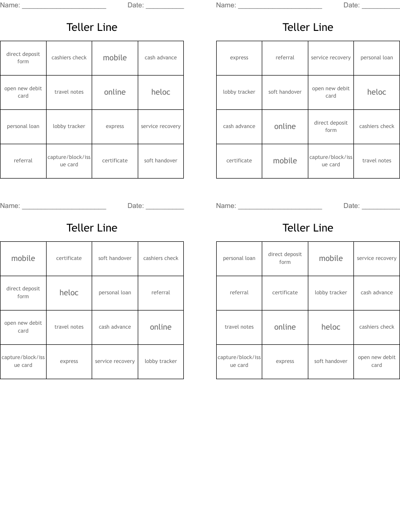 Teller Line Bingo Cards