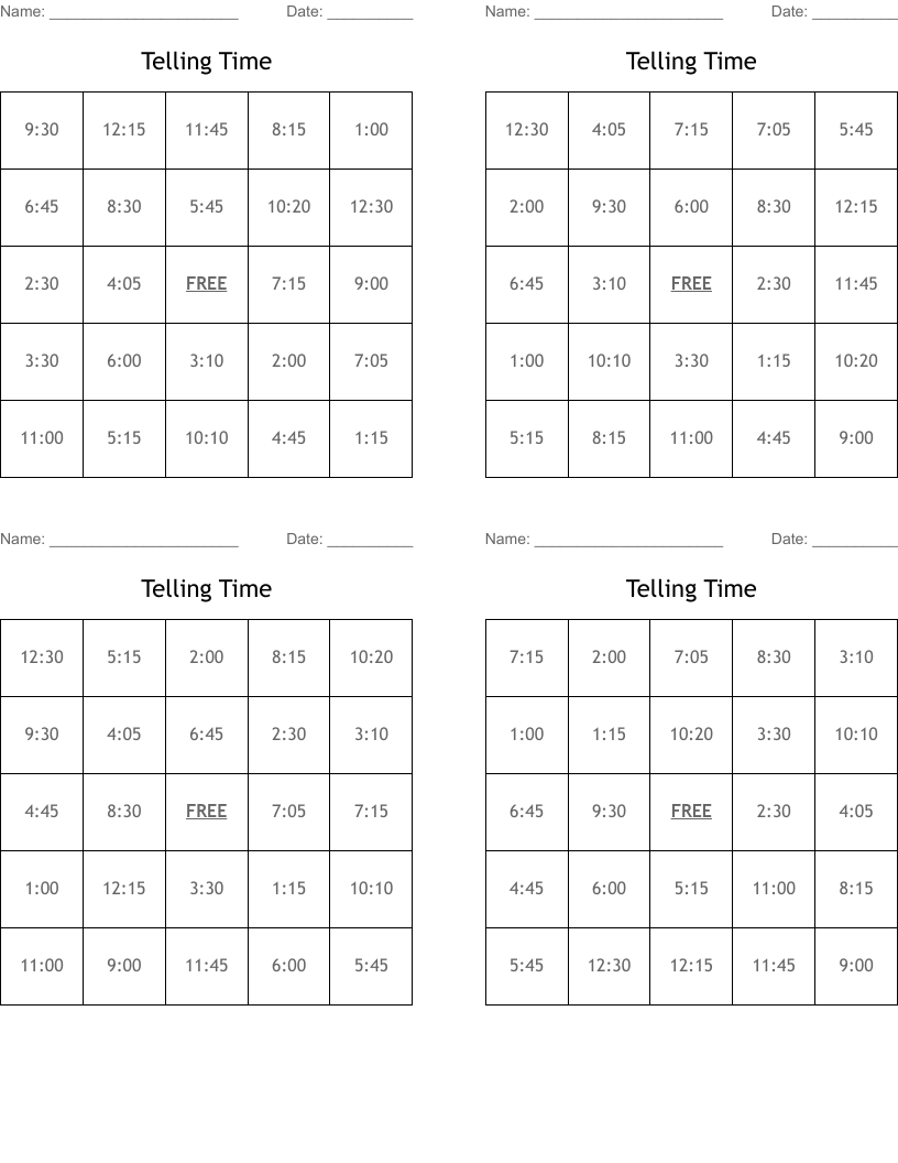 Telling Time Bingo Cards